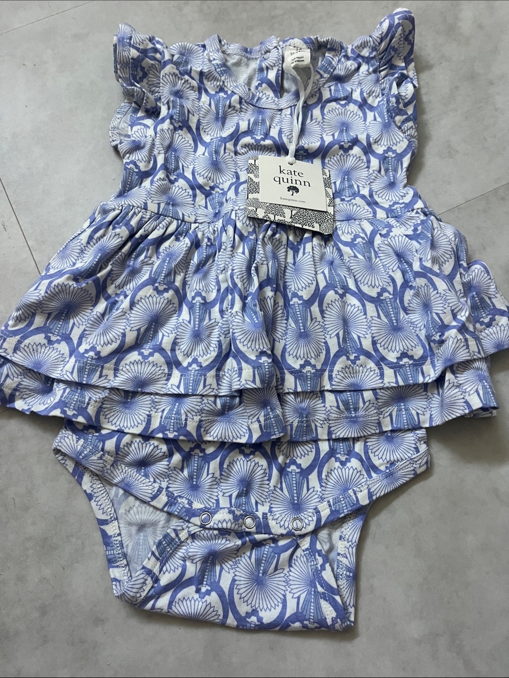 kate quinn Blue & White Floral Ruffle One-Piece Bodysuit